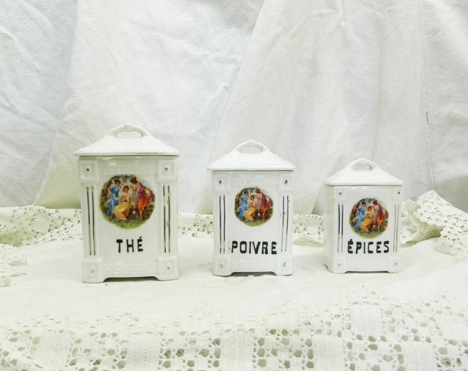 Antique French China 3 Piece Canister Set, French Country Decor, Kitchenalia, Retro Vintage Home Interior, Kitchenware, Porcelain Caniste