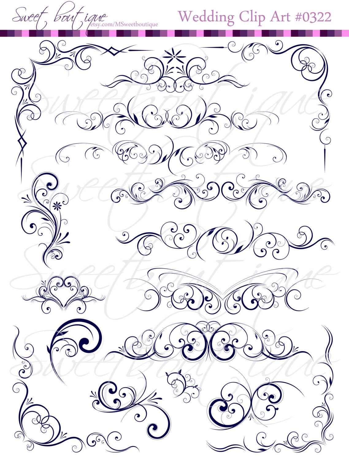 NAVY BLUE Digital Flourish Swirls Clip Art Wedding Clip Art