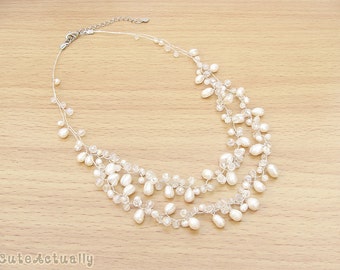 White freshwater pearl necklace with crystal on silk thread, pearl necklace, bridal necklace, wedding jewelry, double strands