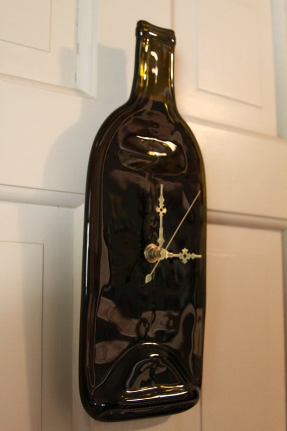 Melted Wine Bottle Clock Flat Amber Bottle gold hands Gift Housewarming