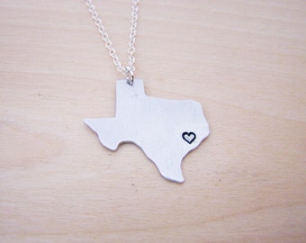 Hand Stamped Heart Texas State Sterling Silver Necklace / Gift for Her