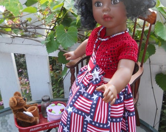 American girl doll patriotic red, white and blue spring sundress with matching bolero sweater by Grandma B