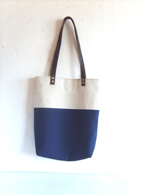 Navy tote Linen tote bag navy blue bag leather by allbyFEDI