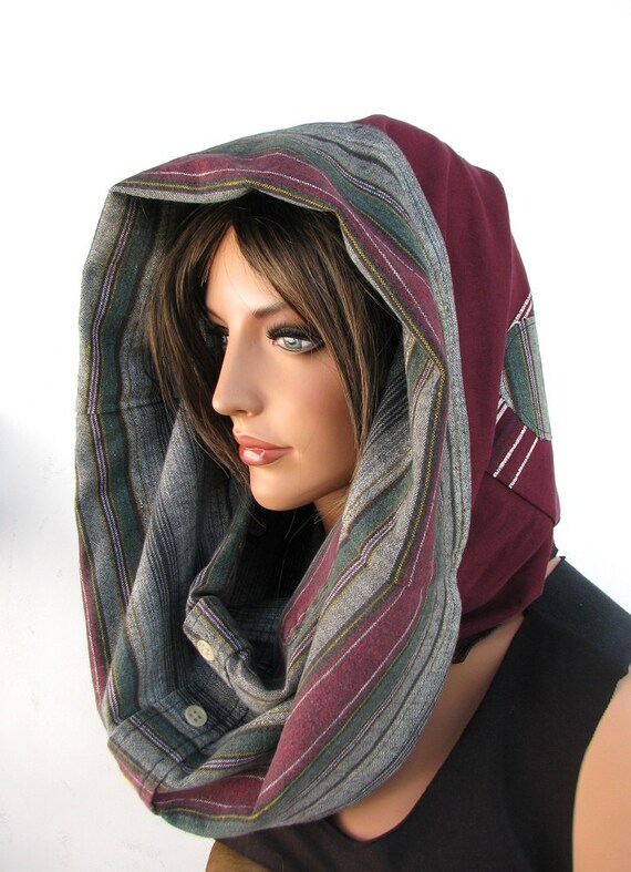 COWL Cowl Hooded Clothing   Upcycled Hooded HOOD  hooded Cowl upcycled scarf Scarf Burgundy