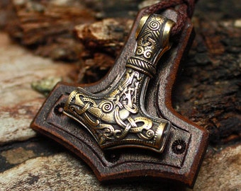 Bronze Thor's Hammer Mjolnir Vikings Amulet Nordic 3D Pendant Leather Necklace BM1