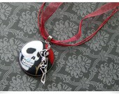 Spooky Gothic Skull Skeleton Hangman Charm Necklace Fabric-Covered Button with Chic Red Lace & Rose Thorns Handmade