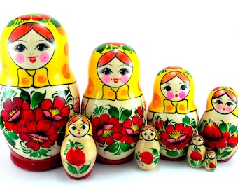 Nesting Dolls 8 pcs Russian Authentic Matryoshka Babushka doll set Wooden Stacking toy Original Handmade handpainted birthday christmas gift