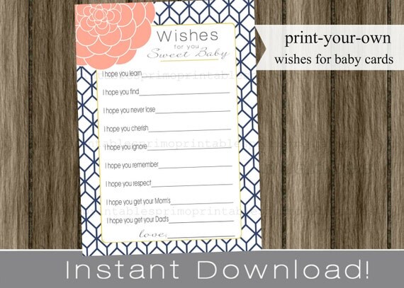 Baby Shower Wishes for Baby girl, navy blue and coral and gold , INSTANT DOWNLOAD diy digital printable file print your own, babyshower idea Il_570xn