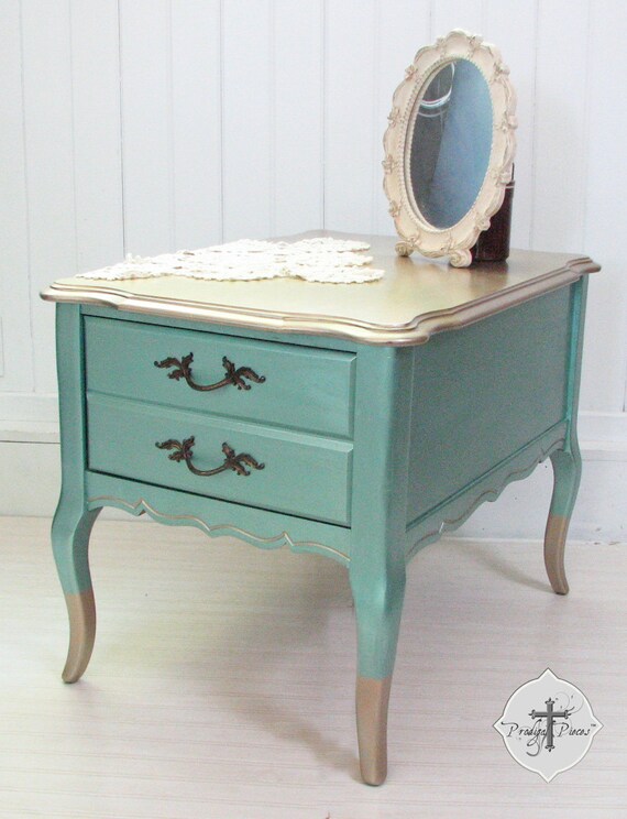 Gorgeous Solid Wood End Table/ Accent Table/ Nightstand ~ Teal and Antique Silver Metallic Color ~ Silver Dipped Legs