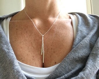 Double Hanging Skinny Sterling Silver Bar Necklace, Everyday Necklace, Layering Necklace, Minimal Layering Jewelry, Minimal Necklace, Dainty