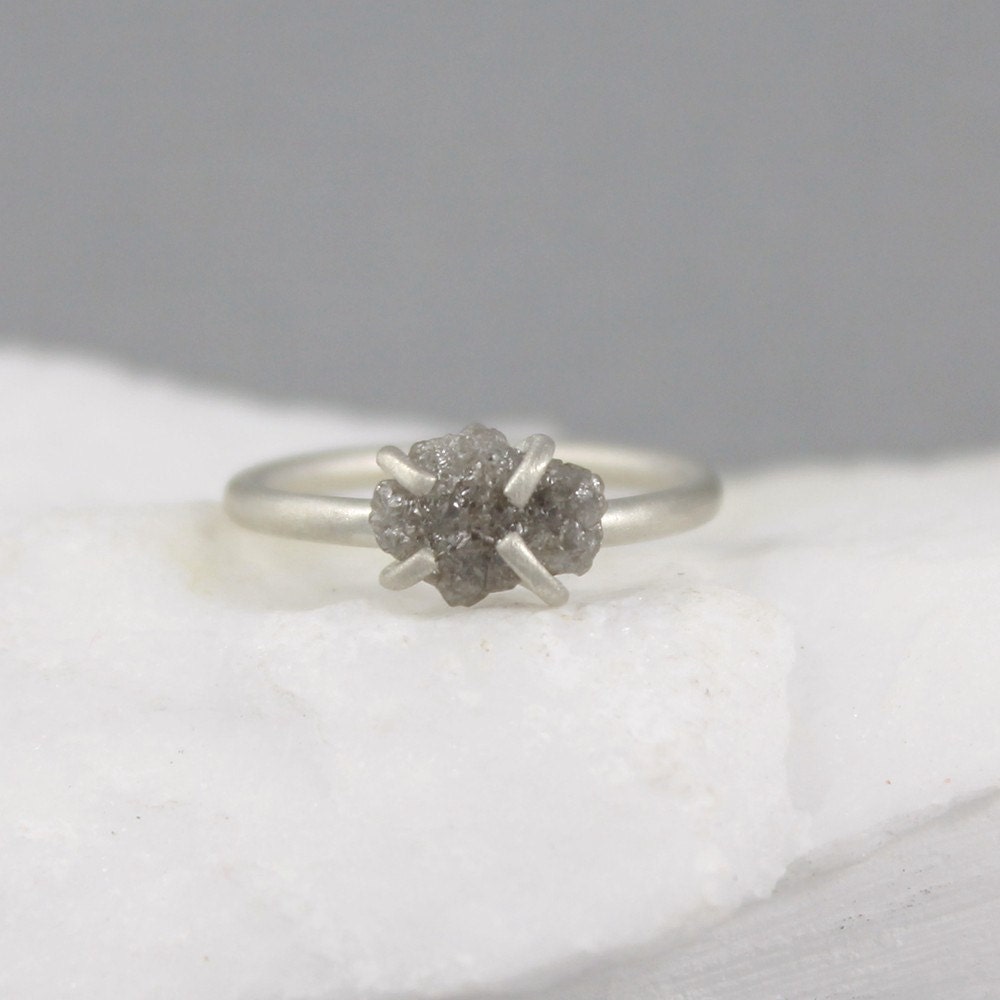 Raw Diamond Engagement Ring Matte Texture Sterling Silver