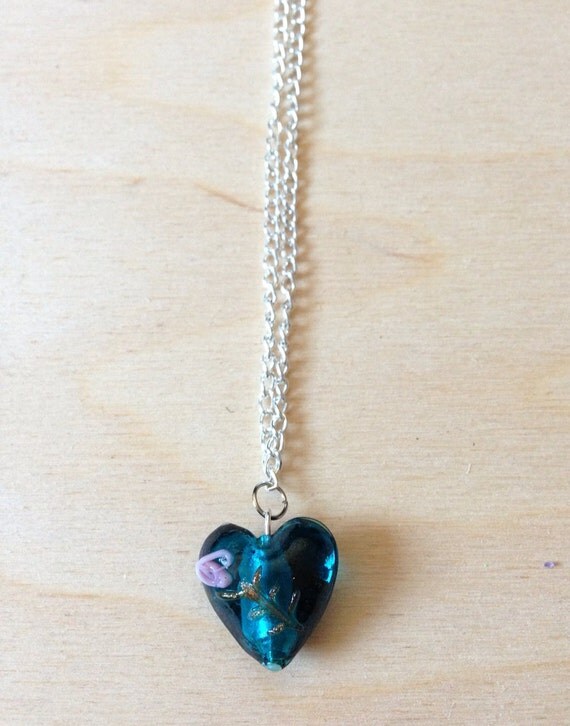 Long Silver Necklace - Green Heart Pendant