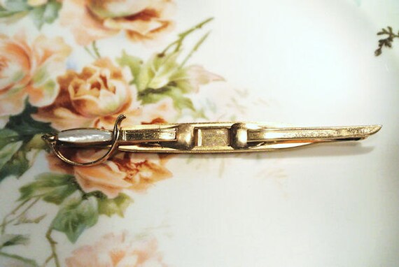 Vintage Swank Tie Clip Bar Clasp Cravat Sword Saber MOP Lucite Circa 1950s 50s Mid Century Formal Black Tie Evening Tuxedo Groom Men Wedding