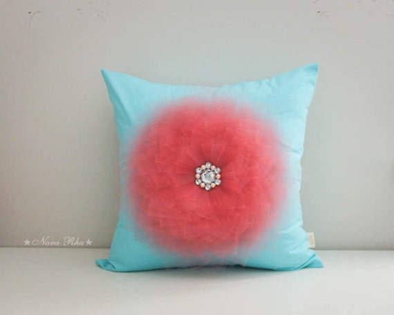 Items similar to Nursery Pillows, Aqua and Coral, Pillow Cover, Aqua and Coral Nursery, Aqua ...
