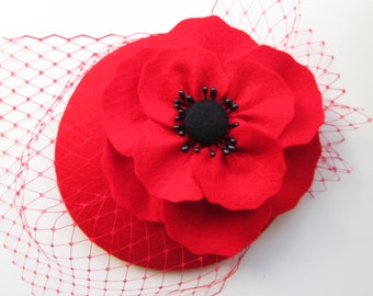 SALE Poppy Red Felt Hat - Red Hat, Red Cocktail Hat, Red Fascinator, Poppy, Womens Hat, Formal, Wedding Hat, Race Hat