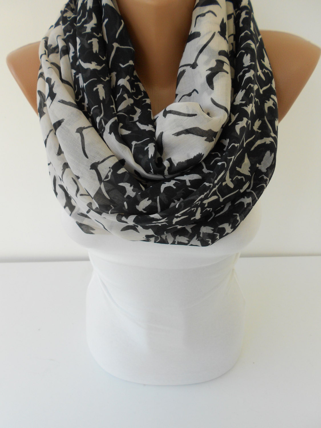 SOFT Cotton Scarf Bird Print Scarf Black White Scarf by ScarfClub