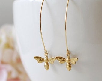 Gold Bee Earrings. Gold Plated Brass Bee Long Dangle Earrings. Bee Jewelry. Spring Summer Bee Accessory, gift for mom, Mothers day gift