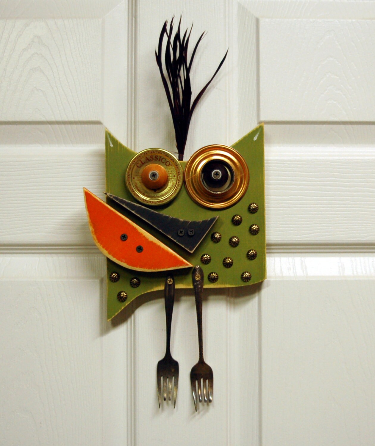 Owl hanging wall art Original Found Object Art Reclaimed