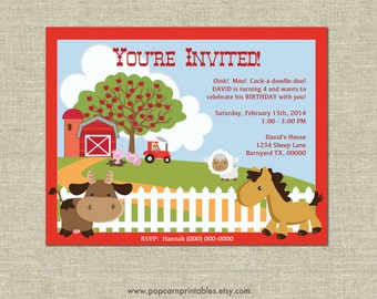 Farm Animal Invitations - Printable- Editable Text PDF- Instant Download- Personalize at home w/ Adobe Reader- Old McDonald - Size A2 - Cow