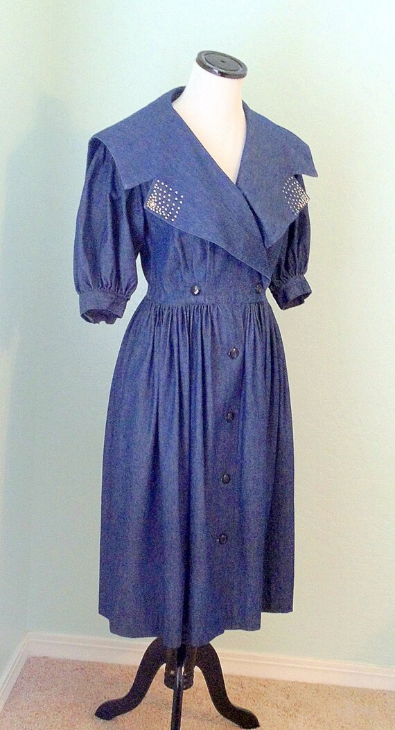 70s Rhinestone Denim Dress Sailor Collar by Cherrycrushretro