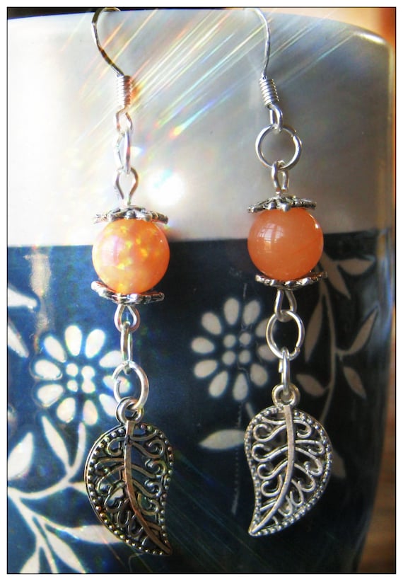 Handmade Silver Earrings with Orange Topaz & Leaves by IreneDesign2011