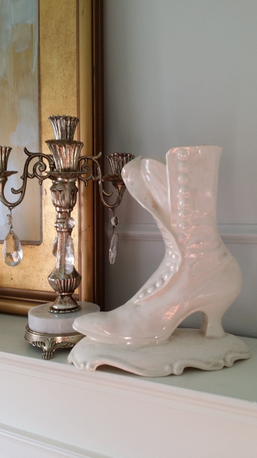 Vintage Ceramic Victorian Boot Vase Planter White Iridescent