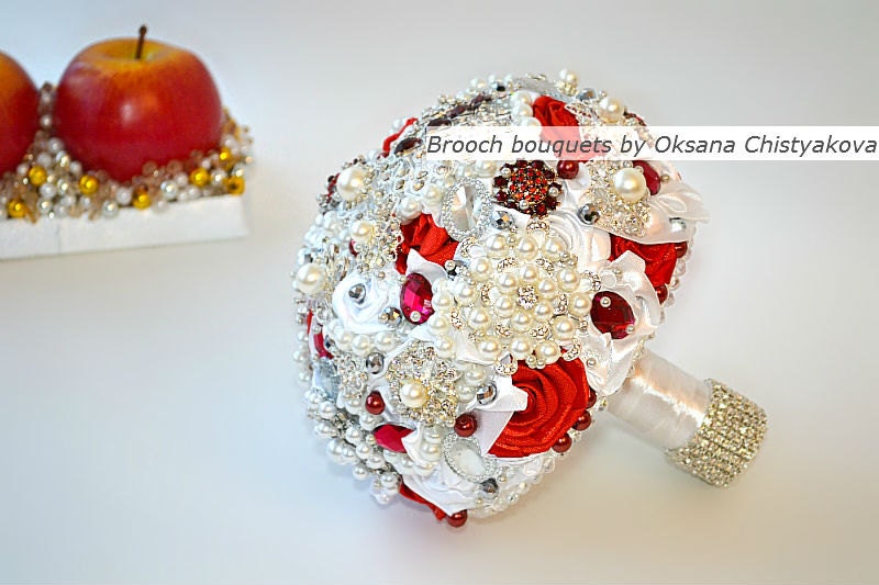 Brooch Bouquet, Red and White Wedding Brooch Bouquet, luxury Brooch Bouquet, Jeweled Bouquet, Bridesmaids Broach Bouquet, Crystal Bouquet