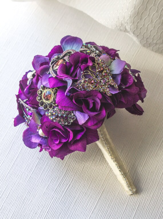 Aubergine Rose Brooch Bouquet Aubergine Wedding Silk by AOStyles