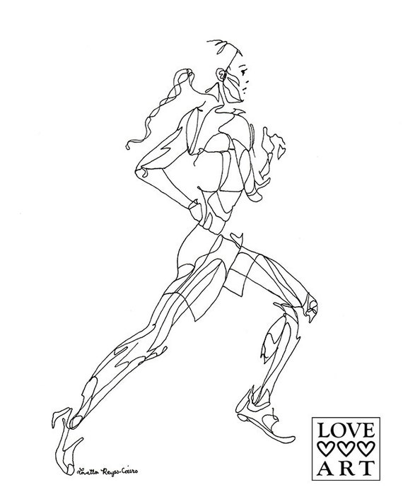 Art Print of Line Drawing: Running Girl from the Side