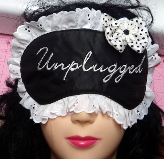 Embroidered Sleeping Mask, Black Satin Mask with Lace and Bow