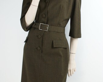 Ravishing Russell Stuart Model Green Brown Check Worsted Tweed Wriggle Shirtwaist Vintage 60s Dress UK12-14
