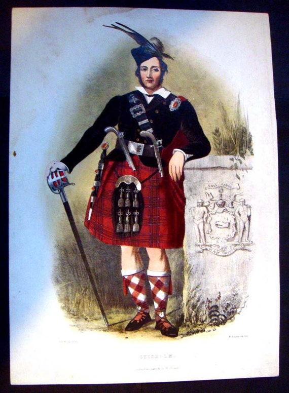 19th C. Color Lithograph Scottish Highland Warrior of the