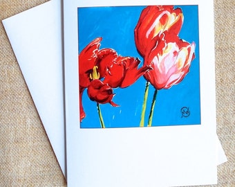 Red Hot Tulips Card red flowers on turquoise background from my original painting