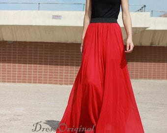 red Maxi skirt, red floor-length skirt, Double layered chiffon skirt, long skirt, draping skirts