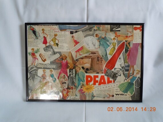 Original vintage fashion art work collage. Unique one of a kind, perfect for the person who loves fashion. Sewing, 18" x 12"  framed. 1950's