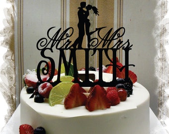 Silhouette Cake Topper , Monogram Cake Topper Mr and Mrs With Your Last (Family)Name - Handmade Custom Wedding Cake Topper