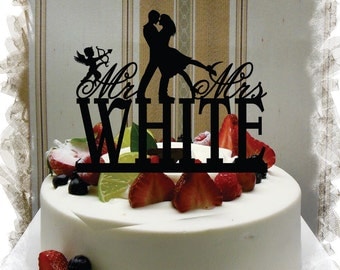 Silhouette Cake Topper , Monogram Cake Topper Mr and Mrs With Your Last (Family)Name - Handmade Custom Rustic Cupid Wedding Cake Topper
