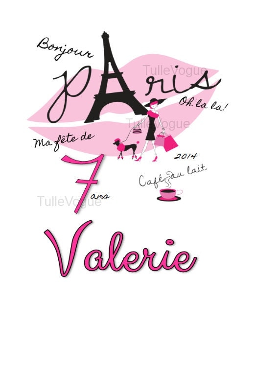 Birthday Paris girl iron on, Paris theme persoanlized iron on,Paris