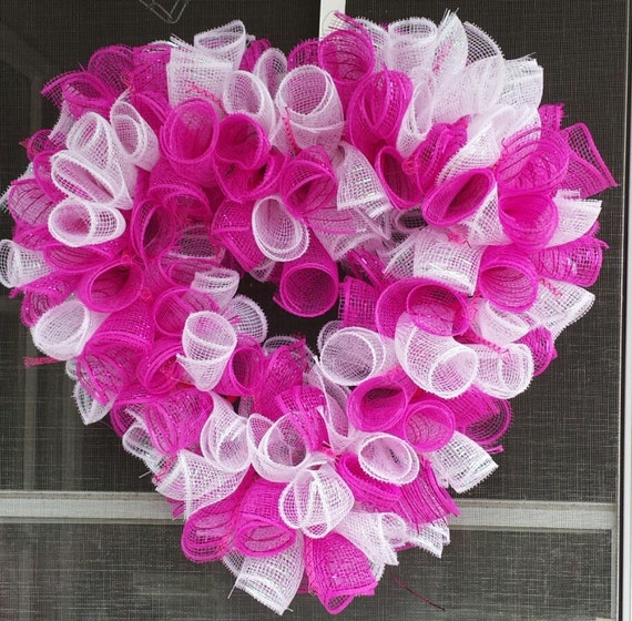 Pink & White Deco Mesh Spiral Heart Shaped Wreath