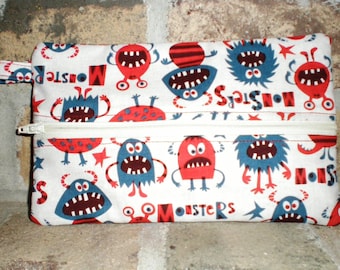 Blue, Red and White Back to School Zipper Monster Pencil Pouch