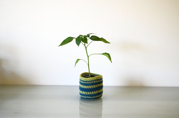 Upcycled planter / Striped crochet planter / Bottle planter / Flower pot