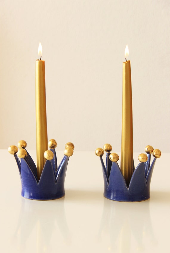Golden crown Ceramic candle holder Cobalt Blue by ClayOfLight
