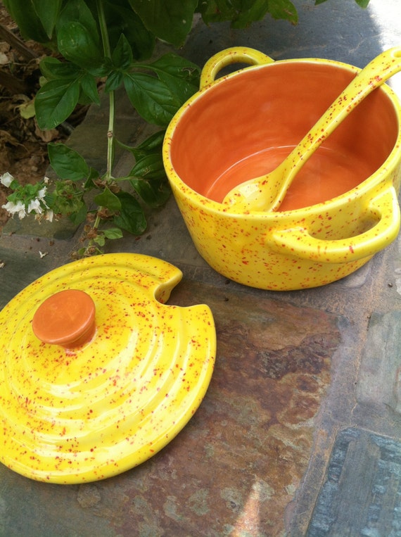 Yellow and Orange Dutch Oven Style Sugar Bowl Set Dish Lid