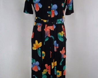 Vintage 1980's - 'Mandy Marsh' Black and Floral Print Belted Day Dress - UK Size 10