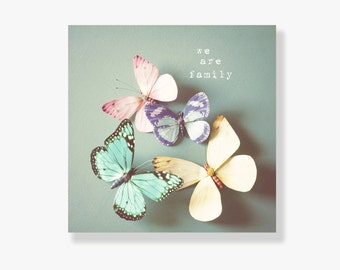 Whimsical pastel butterfly photo canvas, nursery decor, kids wall art, typography wall art, love message, pink, blue, yellow - We are family
