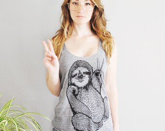 Peace Out Sloth, 5% Donated to Wildlife, womens racerback tank top, made in the usa by Simka Sol