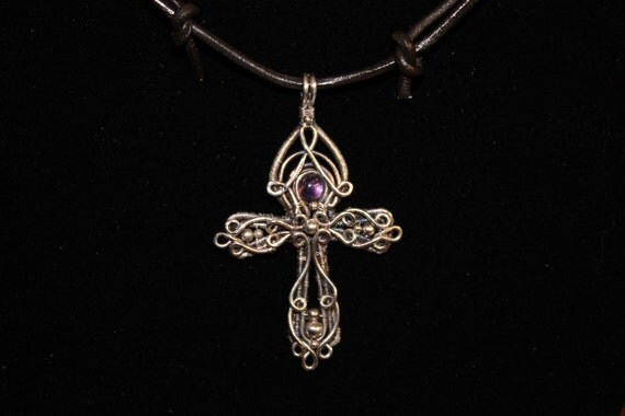 Handcrafted antique looking sterling silver wire-wrapped cross