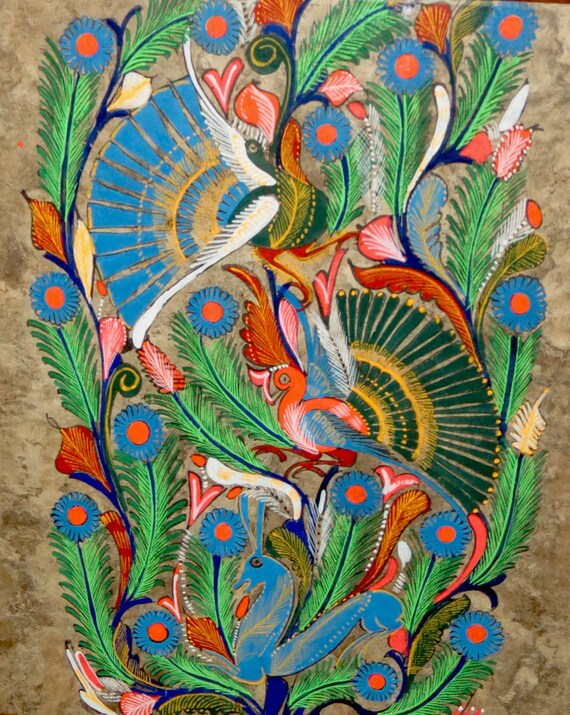 Vintage Psychedelic Peacocks / Mexican Bark Painting / Amate