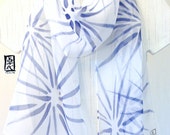 Silk Scarf Handpainted, Blue and White Silk Scarf, Japanese Hanabi Flowers, Gift under 50. Silk Chiffon Scarf. 10x58 inches.