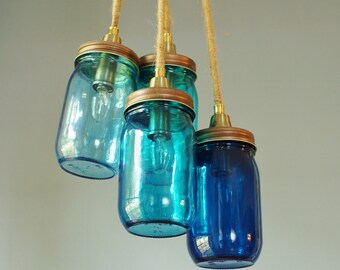 4 Light Mason Jar Chandelier, Copper Finish & Blue Glass Tints Ranging From Ocean to Cobalt